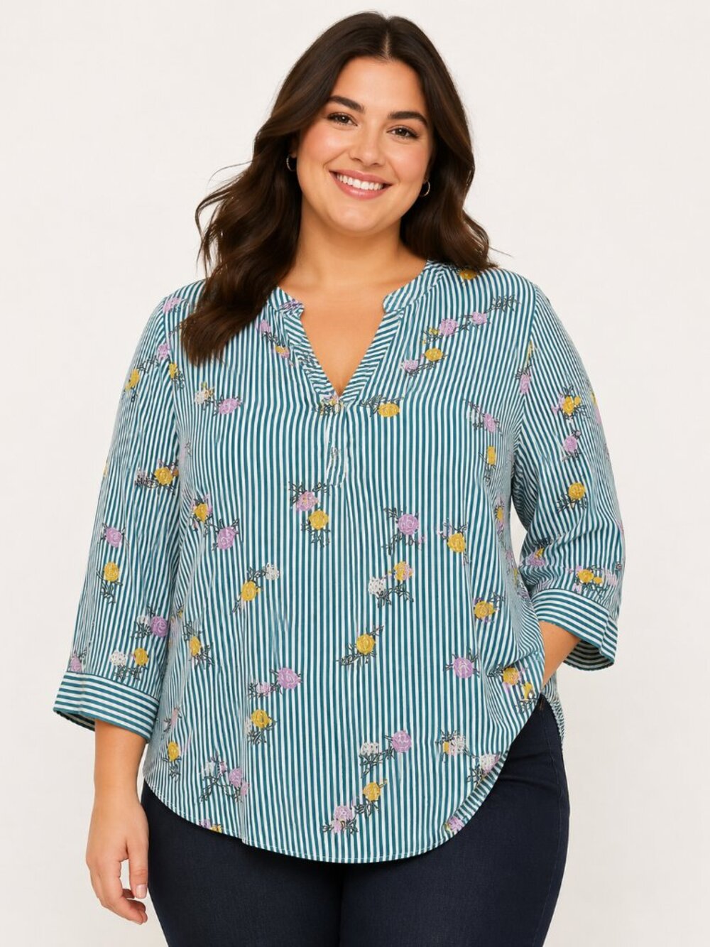 Torrid Harper Blouse Size 3 Plus Teal White Striped Floral Metallic 3/4 Sleeve T